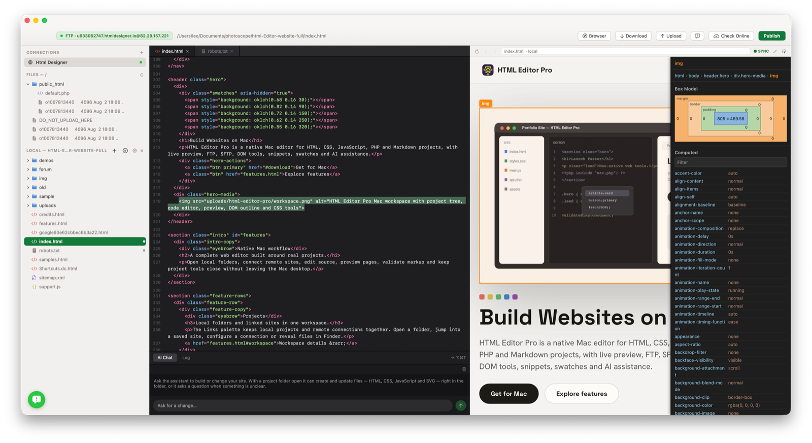 HTML Designer advanced preview inspector with box model and computed styles